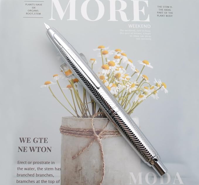 JINHAO 10 Press Fountain Pen, Retractable Metal Pen with Ink Converter (F Nib 0.5mm, Wavy Texture Bright Silver)