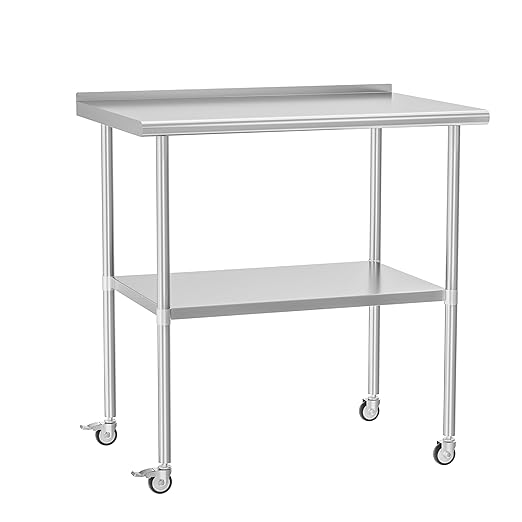Stainless Steel Table with Wheels 30 x 36 Inches Metal Prep Table with Backsplash & Adjustable Undershelf, Stainless Table for Commercial Kitchen, Outdoor, Restaurant, Hotel & Garage