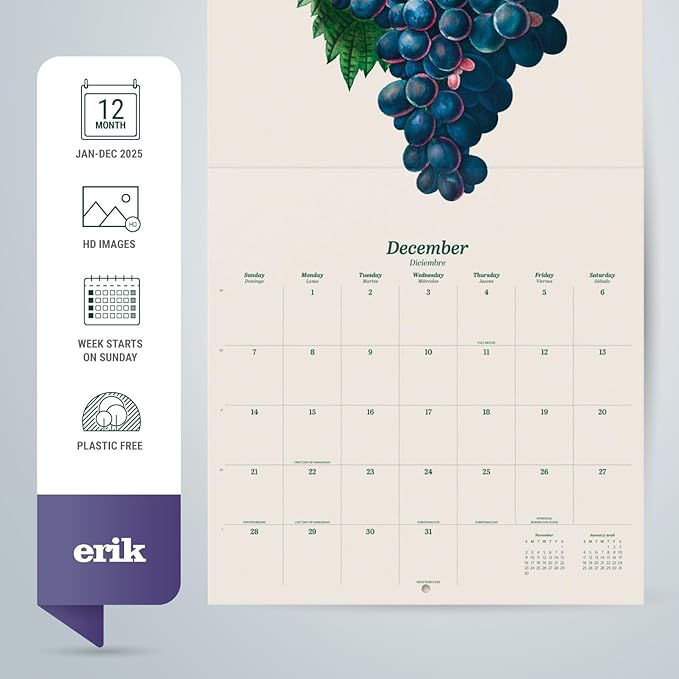 Botanical Wall Calendar 2025 12" x 12" FSC® Plastic Free - Starts Week On Sunday | Square Wall Calendar | Family Planner Calendar 2025 | Fruits Calendar 2025