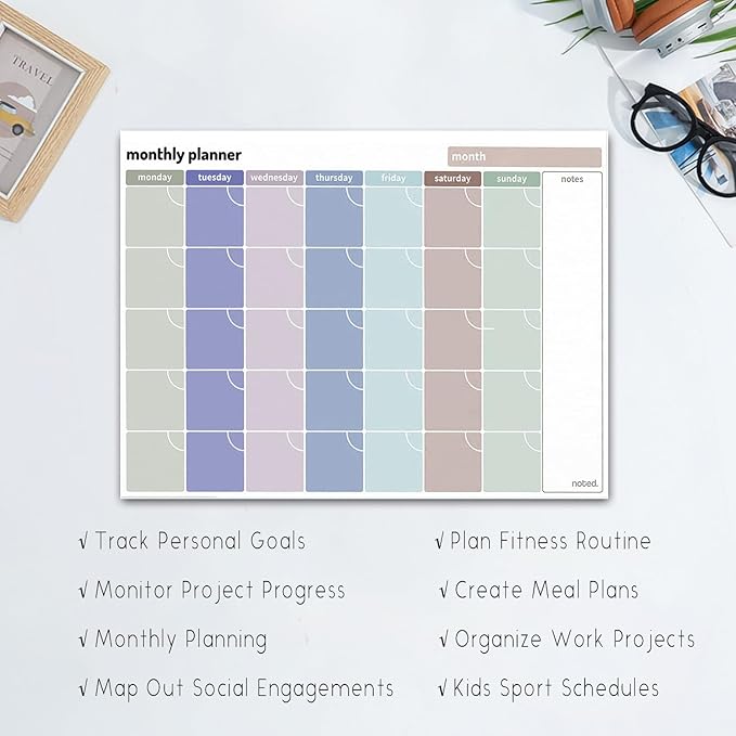 Monthly Planner –100gsm Paper, 52 Tear-off Sheets - A4 Size Undated Calendar and Scheduler - Colour Coded Days, and Notes Area - Perfect for Home and Work