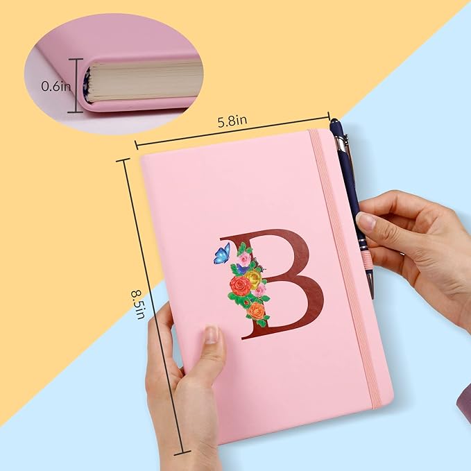 Pink Notebook for Women, 5.7"X8.3" A5 Journal Notebook with Letter E, Dual-Sided Writing Notebook with Dividers, Cute Leather Journal for Work, Business, School, Meetings, Travelers, Small Notebook