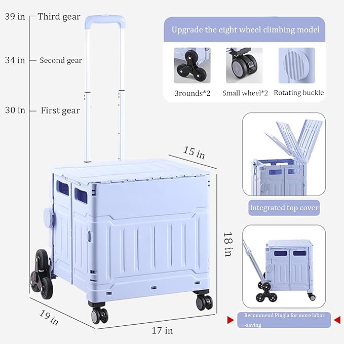 Foldable Utility Cart with Stair Climbing Wheels,Folding Portable Rolling Crate Handcart with Aluminium Alloy Telescoping Handles, Handcart for Grocery Book File Tool Art Supplies