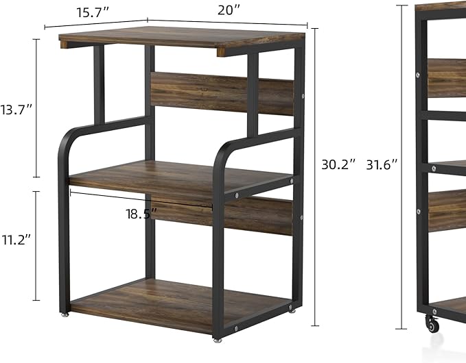 Large Printer Stand with 3-Tier Wood Storage Shelves -Multi-Purpose Desk Organizer- for Printer Scanner Fax Home Office Use with Wheels (Rustic Brown)