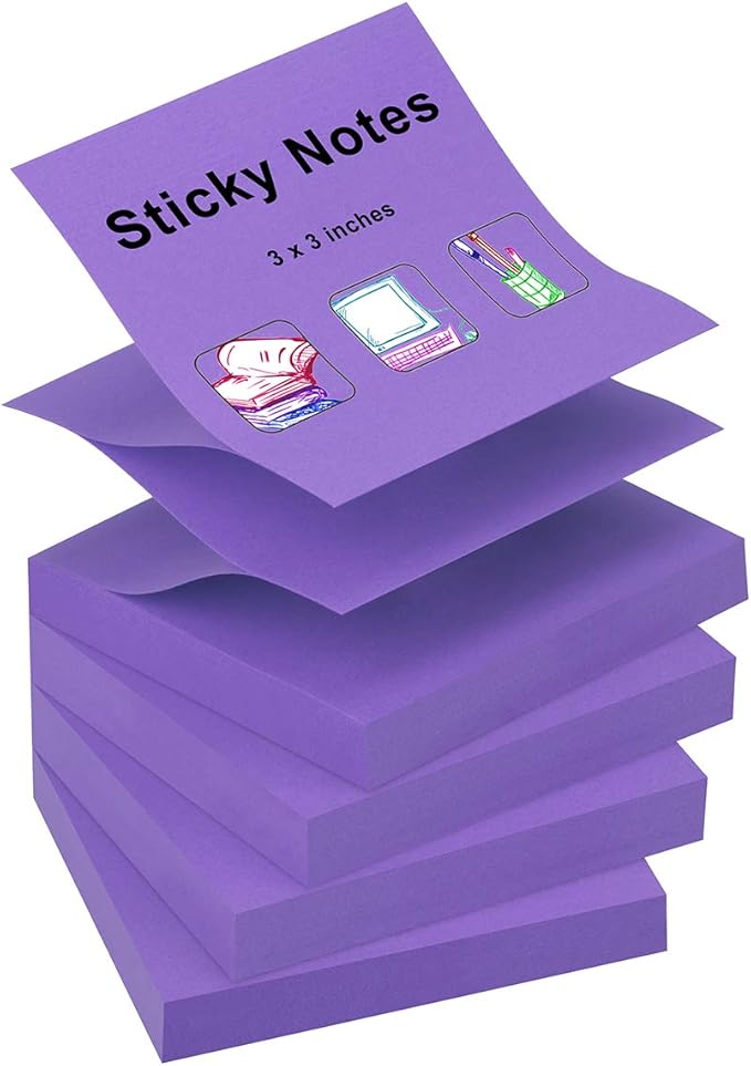 ZCZN 400 Sheets Pop-up Sticky Notes, 3 x 3 Inches, 4 Pads Bright Color Self-Stick Notes, 100 Sheets/Pad, Purple