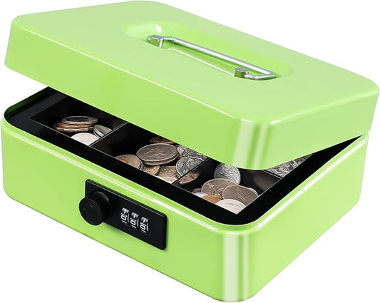 KYODOLED Cash Box with Combination Lock,Safe Metal Box for Money,Storage Lock Box with Money Tray,7.87"x 6.30"x 3.54" Limegreen Medium