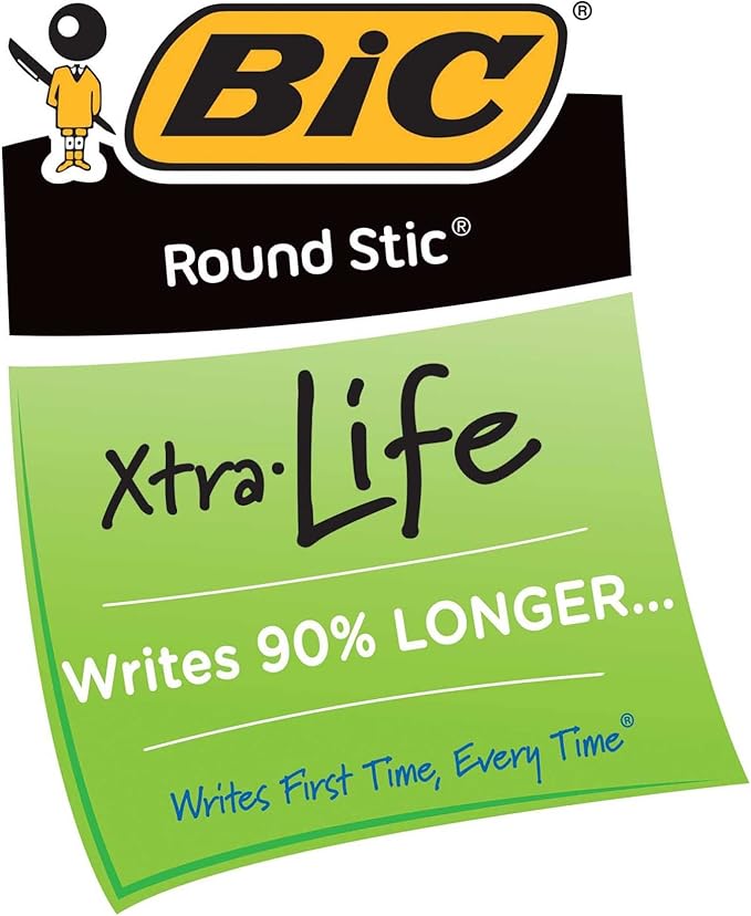 BIC Round Stic Xtra Life Blue Ballpoint Pens, Medium Point (1.0mm), 12-Count Pack of Bulk Pens, Flexible Round Barrel for Writing Comfort, No. 1 Selling Ballpoint Pens