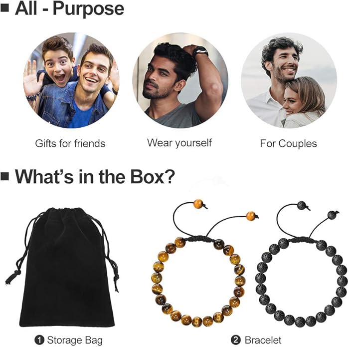 M MOOHAM Natural Stone Bracelets for Men - 8mm Tiger Eye | Matte Agate | Lava Rock Bracelets for Men Teen Boys Gifts Birthday Anniversary Christmas Gifts for Men Teens