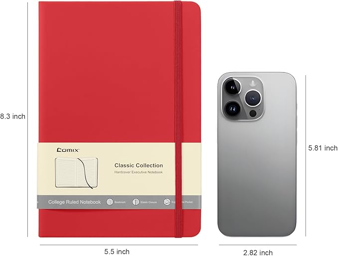 Comix 6 Pack Lined Journal Notebooks for Work, 240 Pages, 5.5"x8.3", Red, Hardcover, A5 Medium College Ruled, Journaling Notebooks for Notes-Taking, Fits for Office School Home