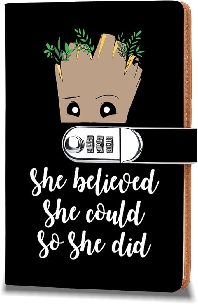 Funny Groot Gifts Leather Combination Lock Notebook Always Remember You’re Braver Than You Believe Leather Locked Journal Notebook Birthday Gifts for Daughter Son (she believed)