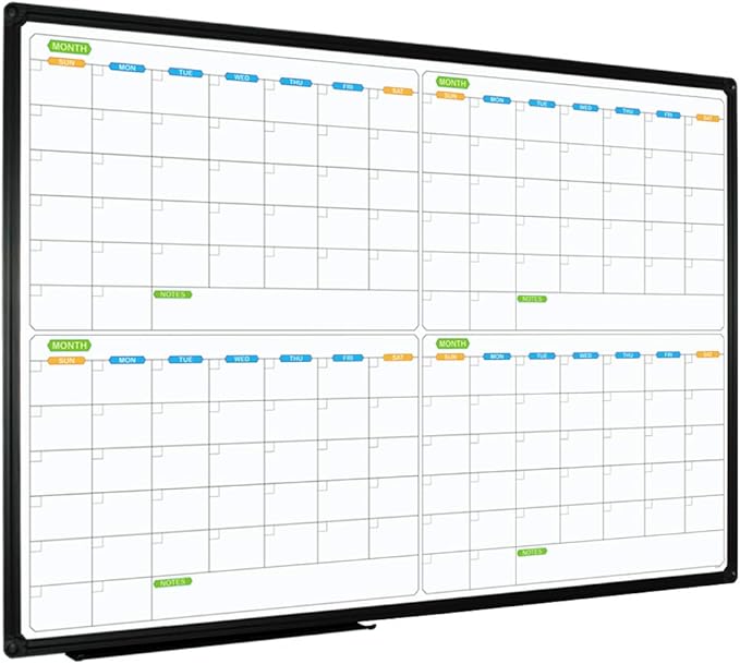 JILoffice Magnetic Dry Erase Calendar Whiteboard, 4 Month White Board Planner 36 X 24 Inch, Black Aluminum Frame Wall Mounted Board for Office Home and School