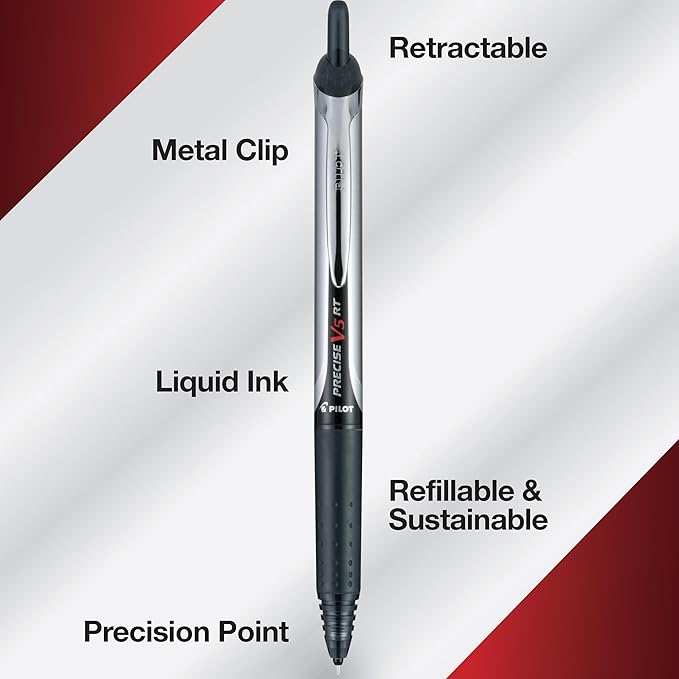 Pilot, Precise V5 RT Refillable & Retractable Liquid Ink Rolling Ball Pens, Extra Fine Point (0.5 mm) Assorted Ink Colors, Tub of 48