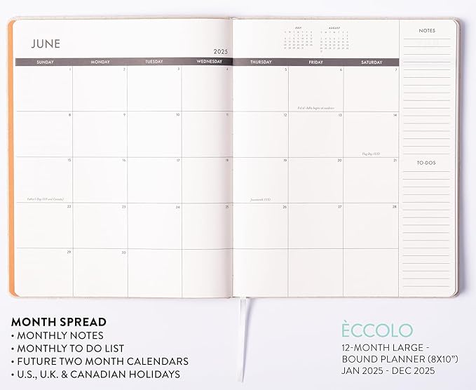 Eccolo 2025 Large Agenda Planner, 12 Month, Yearly, Monthly & Weekly Pages, Habit & Gratitude Tracker (Linen Flexi-cover - 8 x 10")
