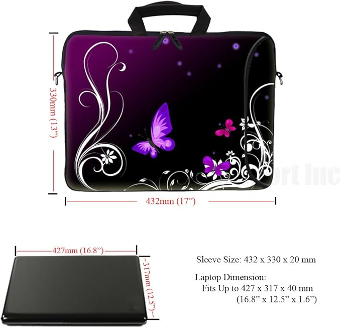 Meffort Inc 17 Inch Neoprene Laptop Bag with Extra Side Pocket, Soft Carrying Handle & Removable Shoulder Strap Fit 16" to 17.3" Size - Purple Butterfly Swirl