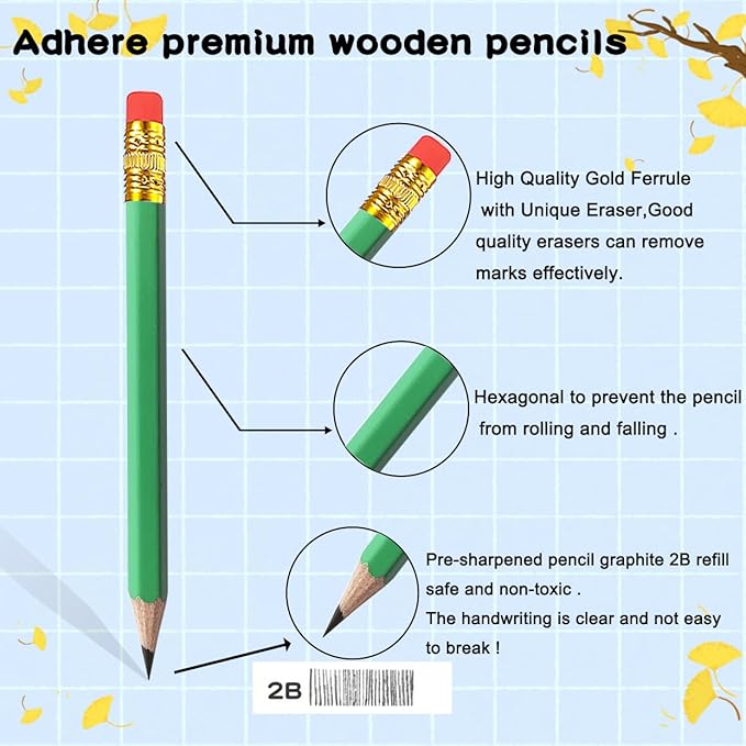 Adhere 25pcs Golf Pencils with eraser Hexagon Wooden Pencils Graphite 2B for Golf Event Scoring,Classroom,Wedding,Company Meetings,Pew, Pocket (Z- White・Pink・Red・Yellow・Light green・50pcs)