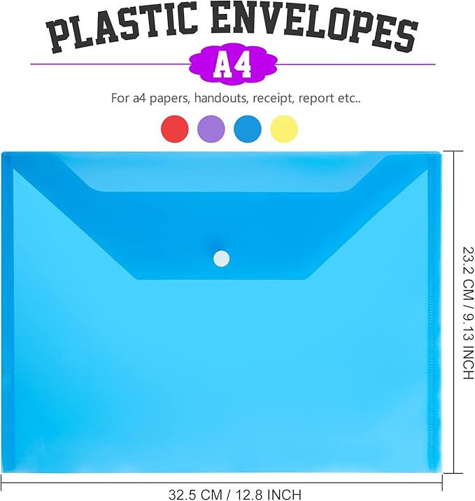 LEOBRO Plastic File Folders for Documents, 4 PCS File Folders, A4 Size Plastic Folders, Plastic Envelopes with Snap Closure, Clear Envelopes Pouches Folder Organizer Document Holder, Filing Envelopes