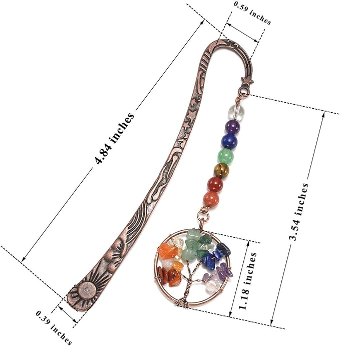Jovivi Antique Copper Metal Bookmark Beading Bookmarks with Handmade 7 Chakra Healing Crystals Tree of Life Tumbled Gemstones/Swirl Round Beads Dangle (Mixed 2pcs)