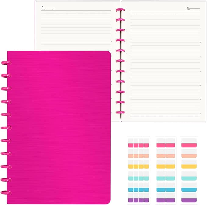 Discbound Notebook, 8-Disc Disbound Planner with Removable Pages, 180 Pages Spiral Notebook, Poly Cover Discbound Planner for Work, Travel, Note Taking(With Index Sticker),Rose Red,A4
