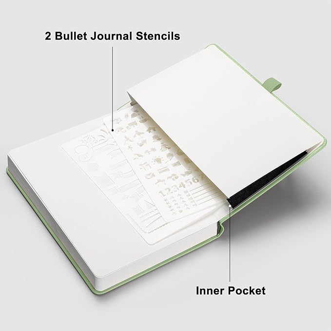 RETTACY Bullet Dotted Journal, A5 Dotted Notebook Journal with 192 Pages, 5.7'' × 8.3'', Medium Size, 100 GSM Thick Paper, Leather Hardcover, Bullet Journaling, Planning (Light Green)