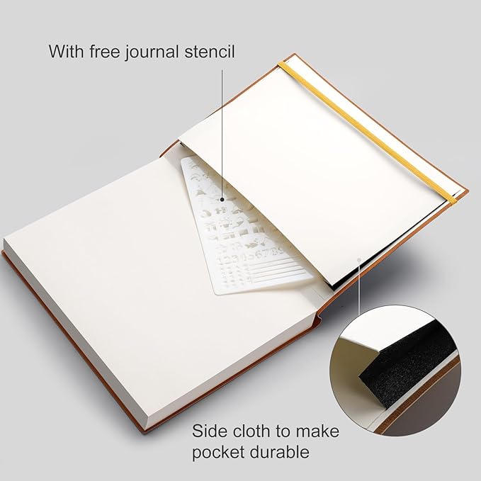 AHGXG Bullet Dotted Journal - 320 Pages Dot Grid Notebook B5 Large Journal, 7.6'' X 10'', 100gsm Thick Dotted Paper, Leather Softcover, with Journal Stencils, Inner Pocket - Yellow