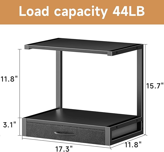 2-Tier Desktop Printer Stand with Fabric Drawer, Prtiner Table with Storage Shelf, Desk Organizer for Home Office,3D Printer,Fax Machine,Scanner, 17.3"x11.8" Black