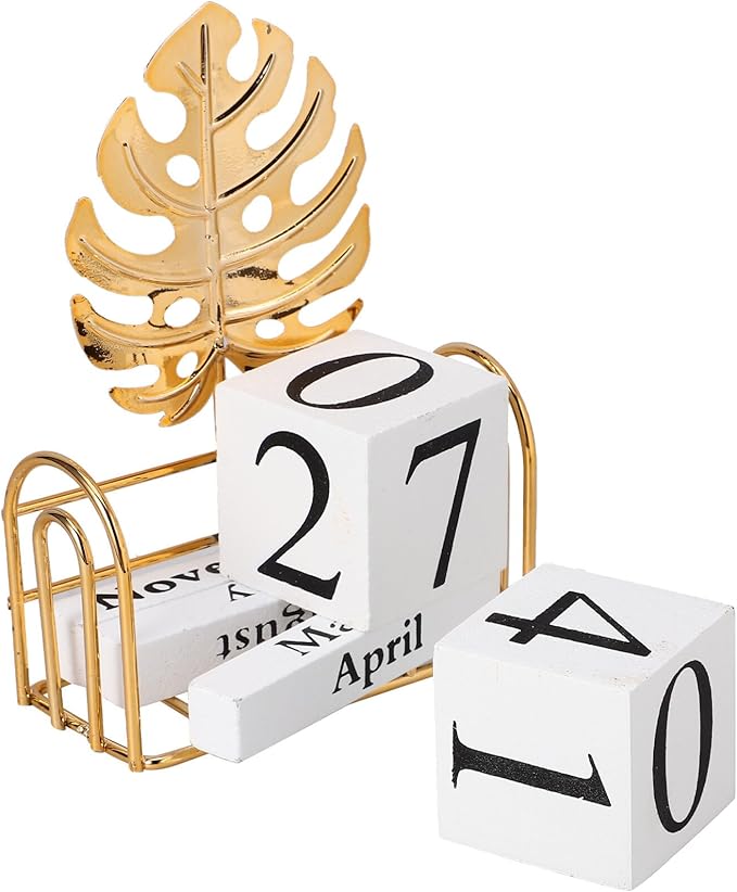 SUPVOX Wooden Block Calendar for Desk Daily Desktop Perpetual Calendar Wood Month Date Display Blocks Farmhouse Desk Accessories for Home Office Decor Reusable Yearly Monstera Leaf Design