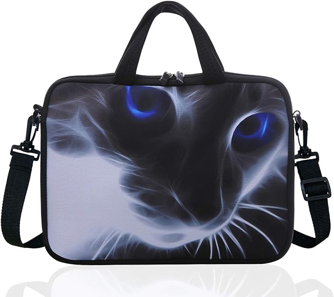 14 Inch Neoprene Laptop Sleeve Case Bag with shoulder strap For 14" Notebook/MacBook/Ultrabook/Chromebook (Grey cat with blue eyes)