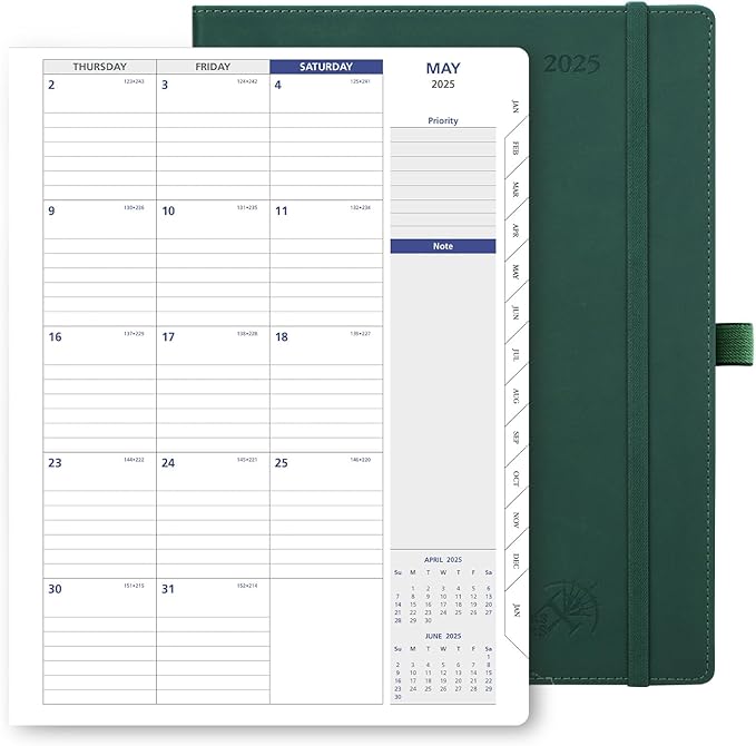 POPRUN 2025 Monthly Calendar 8.5" x 11", Large Writing Space Monthly Planner with PU Leather Soft Cover, Dual Pockets, Monthly Tabs, 100GSM Thick Paper, Sunday Start - Forest Green
