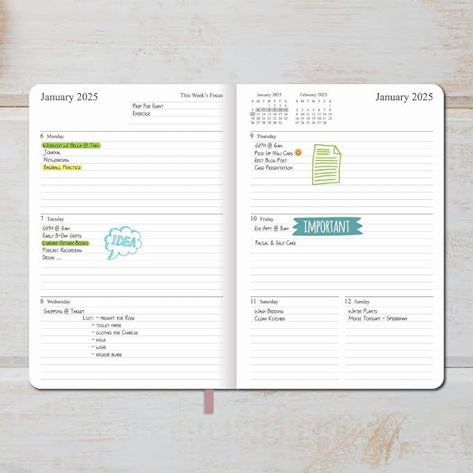 2025 Planner - Weekly and Monthly Planner Jan to Dec 2025, Holidays, Contacts and Notes Pages, Vegan Leather Cover, Elastic Closure, 5.5”x8.25”, Rose Gold