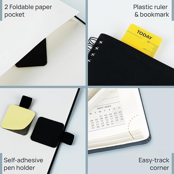 POPRUN 2025 Weekly Planner Spiral Bound with Monthly Tabs 8.5" x 11", Quarter-Hourly Appointment Book with PU Leather Soft Cover, Dual Pockets, Gift Box, Sunday Start - Brown