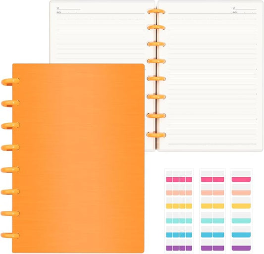 Discbound Notebook, 8-Disc Disbound Planner with Removable Pages, 180 Pages Spiral Notebook, Poly Cover Discbound Planner for Work, Travel, Note Taking(With Index Sticker),Orange,A5