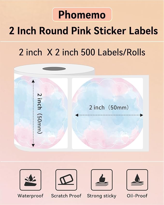 Phomemo 2” Color Circle Thermal Labels, Self-Adhesive Round Direct Sticker Label, Circular Thermal Printer Label for Logo Design, Commercial Grade Custom Stickers - 500PCS Labels/Roll