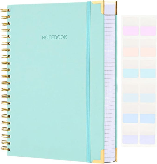 Spiral Notebook, Hardcover Leather Journal for Women Men, 300 Page Thick Notebooks College Ruled for Work, School, Note Taking, Writing Journals, Large A5 Notebook with Tabs Sticky, 5.7" x 8.5", Teal