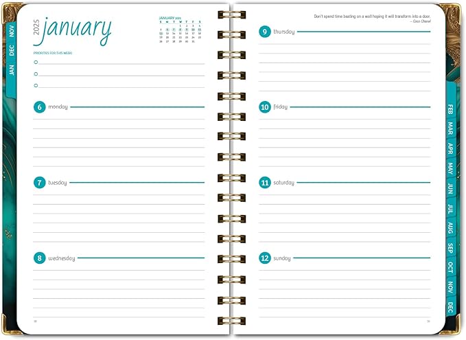 HARDCOVER 2025 Planner, 5.5"x8": 14 Months (November 2024 - December 2025), Daily Weekly Monthly Planner, Yearly Agenda, Bookmark, Pocket Folder and Sticky Note Set (Teal Gold Marble)