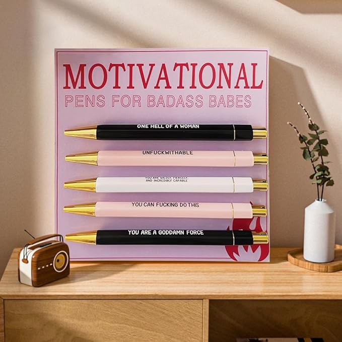 Funny pens,5-Count,Black Ink,Medium Nib 1.0mm,Funny Office Gifts for Coworkers,Personalized Pens Vibrant Funny Quotes Word Daily Pen (Motivational Pens)