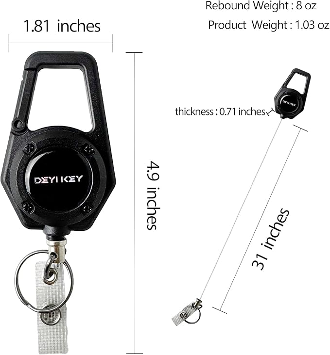 Retractable Keychain Heavy Duty, Multitool Carabiner Badge Holder, Retractable Keychain Clip Id Holder, Tactical ID Badge Reel with 29.5" Steel Retractable Cord, Black