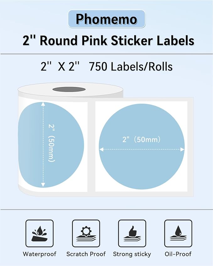 Phomemo 2” Color Circle Thermal Labels, Self-Adhesive Round Direct Sticker Labels, Circular Thermal Printer Label for Logo Design, Name/Price Tag, Thanks Card, Address, QR Code, 750 Labels/Roll, Blue