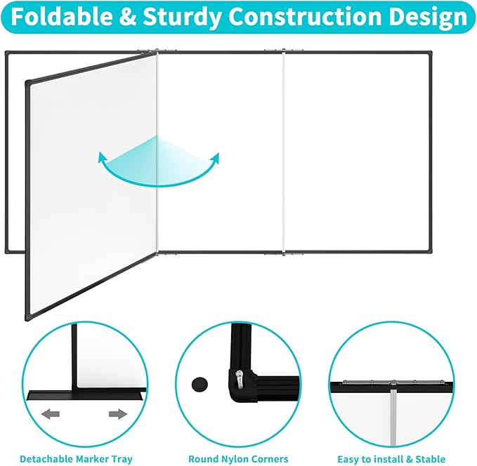 JILoffice Large Magnetic White Board 72 x 48 Inches, Foldable Dry Erase White Board, Black Aluminum Frame Wall Mounted Board for Office Home and School