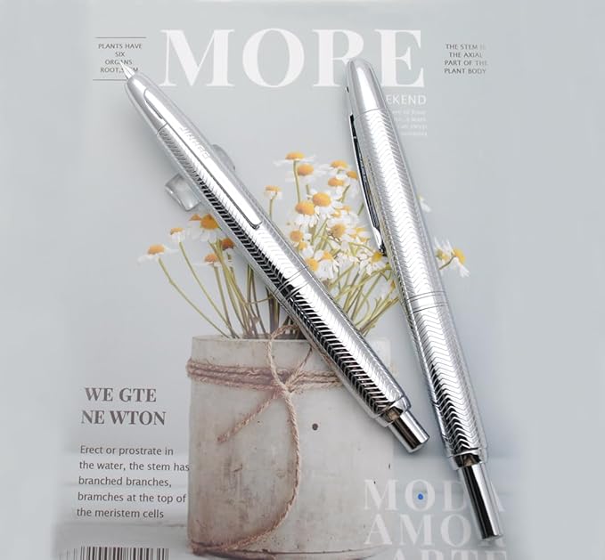 JINHAO 10 Press Fountain Pen, Retractable Metal Pen with Ink Converter (F Nib 0.5mm, Wavy Texture Bright Silver)
