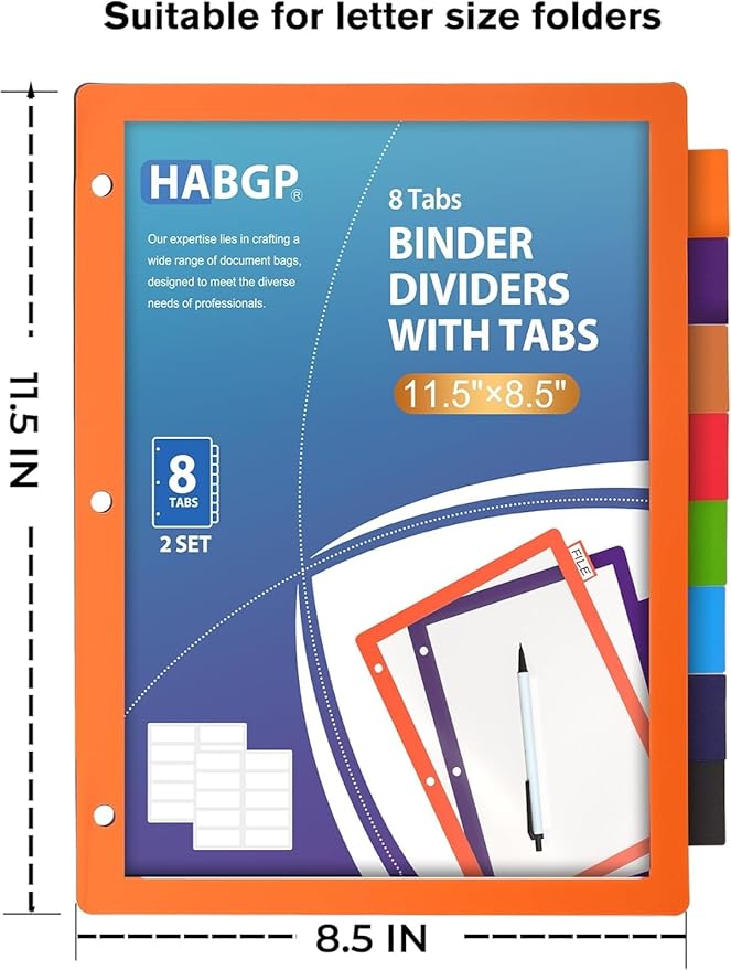 Habgp 96Pcs/12 Set 8 Tab Dividers for 3 Ring Binder, 96 Pcs Clear Color 3 Ring Binder Dividers with Tabs, Page Folder Dividers, Plastic Tabbed File Dividers with Tabs, Three Ring Binder Index Dividers