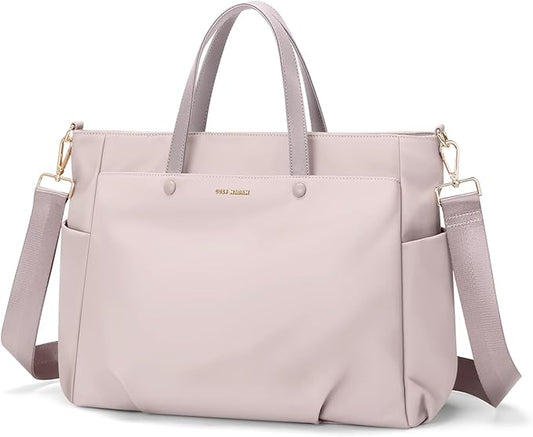 Laptop Shoulder Bag 14 Inch, Computer Shoulder Bag Large Work Tote Bag for Women, Laptop Carrying Case Stylish Handbag for Business Travel (Pinkish Grey)