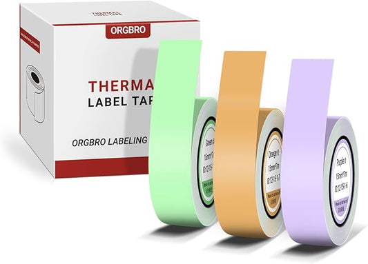 ORGBRO X1 Label Maker Tape, Genuine Thermal Label Print Paper 0.59"×275.6"(15mm×7m), Standard Laminated Office Labeling Tape Replacement, 3-Roll, Green/Purple/Orange