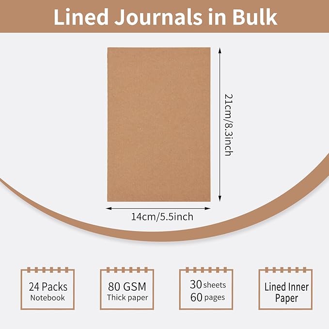 EOOUT 24 Pack A5 Lined Journaling Notebooks for Writing, Kraft Notebook Journals 8.3x5.5in College Ruled Subject Notebooks 30 Sheets 60 Pages for School Office Supplies