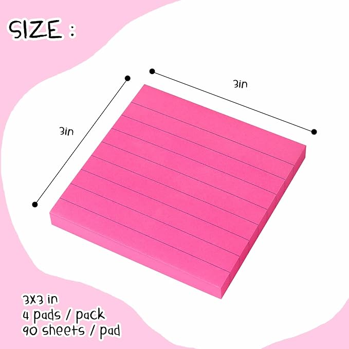 Lined Sticky Notes 3x3 Sticky Notes with Lines Self-Stick Notes Bright Color 4 Pads 90 Sheets/Pad (Rose Red)