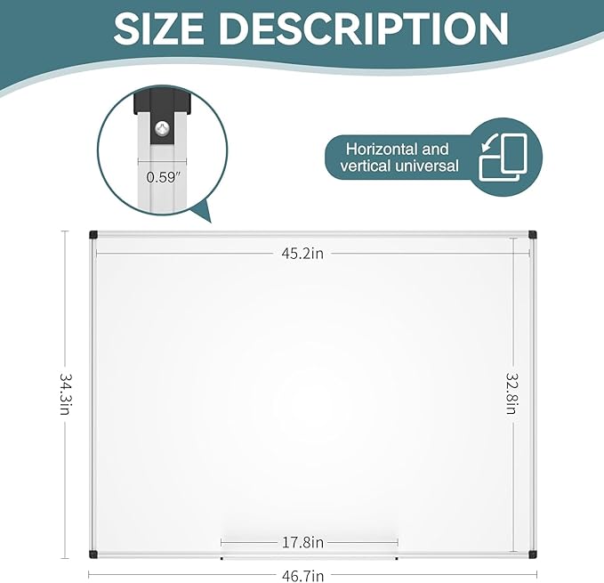 Magnetic Dry Erase Whiteboard - 46 x 33 Inch White Board - 4 x 3 Large Wall-Mounted Board with Silver Aluminum Frame, 1 Magnetic Eraser, 2 Pen, Detachable Marker Tray, 6 Magnets