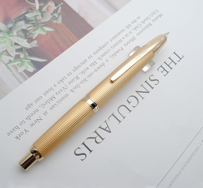 JINHAO 10 Press Fountain Pen, Retractable Metal Pen with Ink Converter (F Nib 0.5mm, Striated Golden)