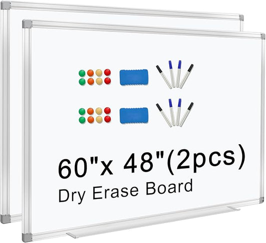 H-Qprobd 5' x 4' Dry Erase Board for Wall 60" x 48" (2 Pack) Magnetic Presentation Whiteboard with Long Pen Tray, Wall-Mounted White Boards Large Whiteboard Including 8 Markers, 16 Magnets, 2 Erasers