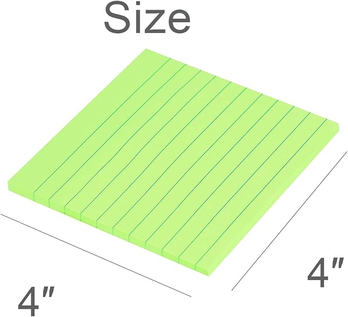 Vanpad Lined Sticky Notes 4x4 Inches, Bright Green Ruled Self-Stick Pads, Easy to Post for Home, Office, Notebook, 8 Pads/Pack