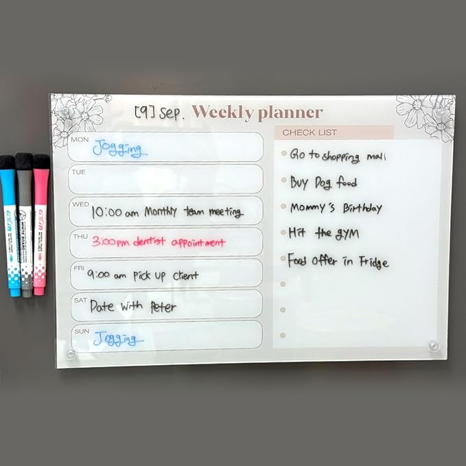 GEEKBEAR Dry Erase Refrigerator Calendar with 3 Markers - Attachable to Any Fridge with Special Suction Cups - Monthly and Weekly Designs, Acrylic - 15.7" x 10.6" (09. Flower, Weekly)