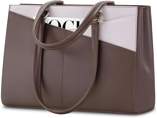 LOVEVOOK Laptop Tote Bag for Women, Office Work Bag Briefcase fit for 15.6 inch Laptop, Large Capacity Teacher Computer Bag Handbag Coffee/Beige