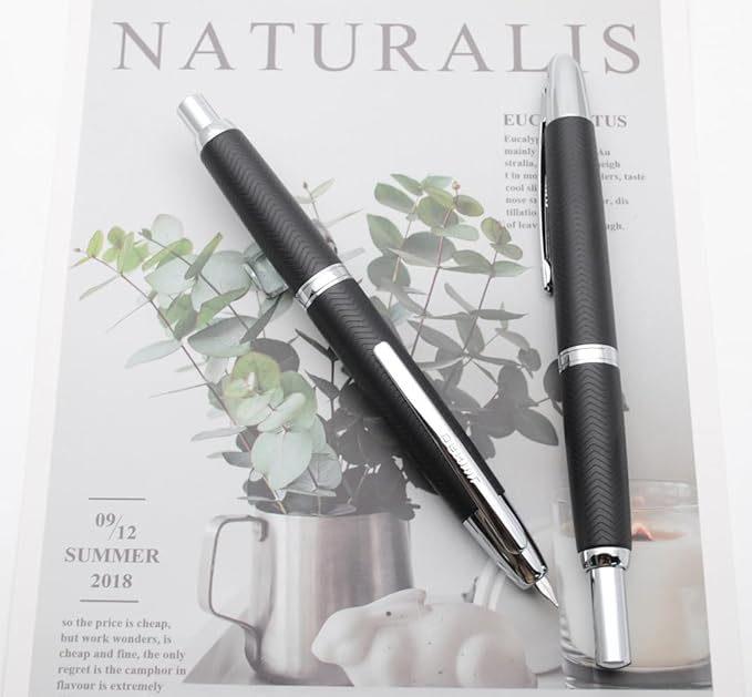 JINHAO 10 Press Fountain Pen, Retractable Metal Pen with Ink Converter (EF Nib 0.38mm, Wavy Texture Matte Black)